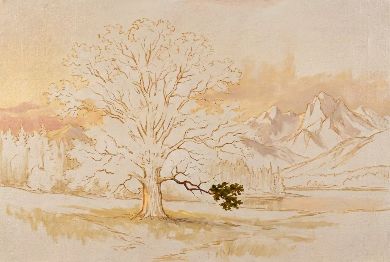 An unfinished pencil and wash sketch of a great tree by a lake with mountains beyond. One branch is painted in full colour.