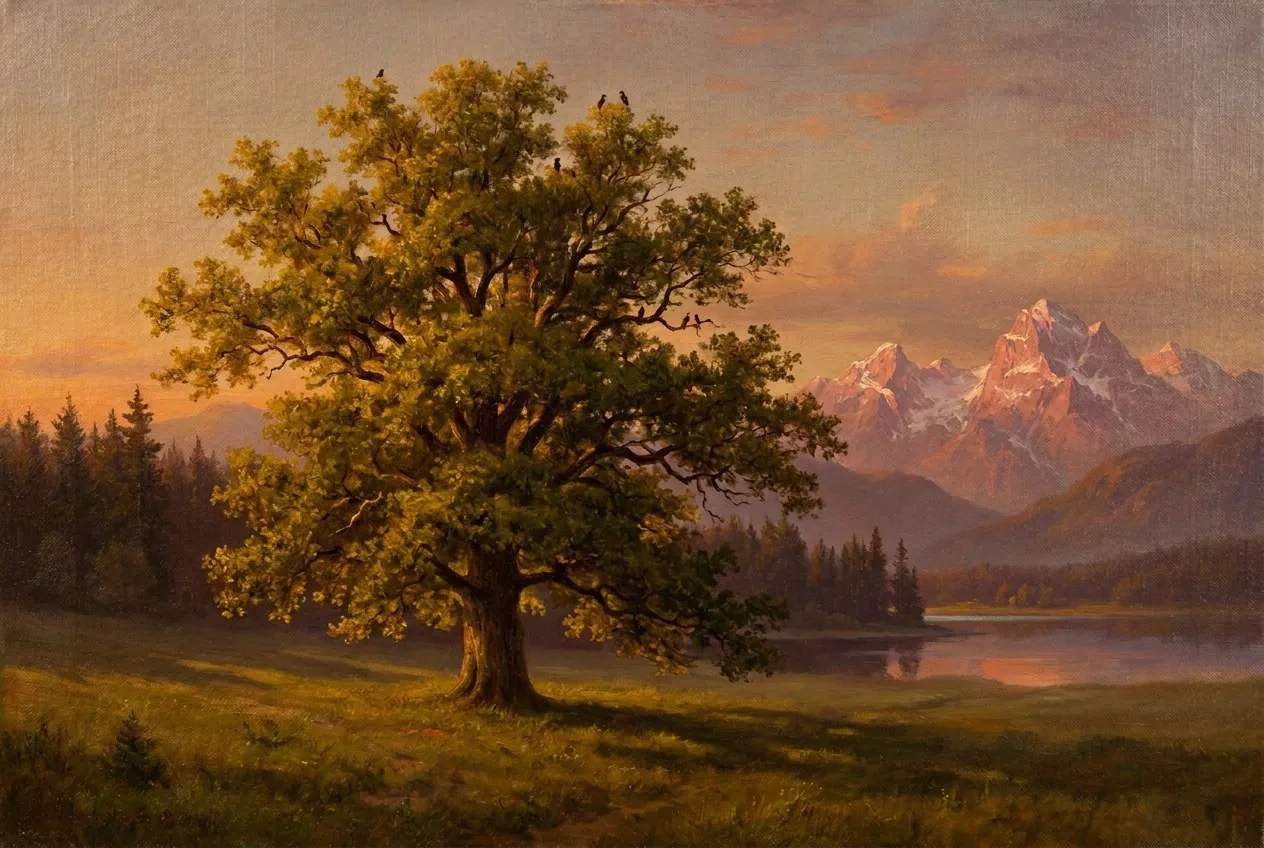 A painting of a great oak in a meadow at golden hour, with snowy mountains and a still lake beyond.